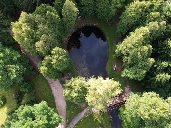 Paisagem parque da natureza com lagoa, árvores e caminhos, vista aérea — Fotografia de Stock