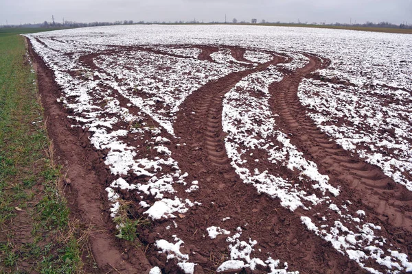 Campo de otoño inundado con las primeras pistas de nieve y tractor — Foto de Stock