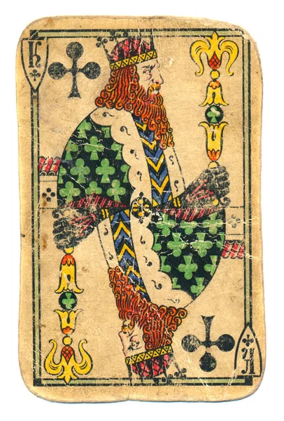 Old used playing card king of cross paper background with line and symbols Stock Picture