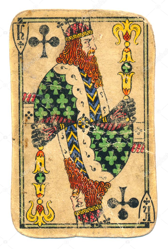 old used playing card king of cross paper background with line and symbols