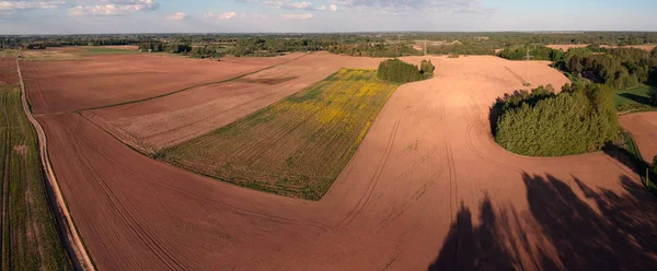 Cultivated plowed farmland fields panorama, aerial view