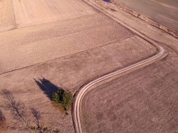 Aerial view of a rural road with bend in early spring