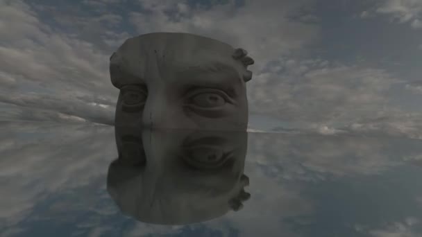 Фрагмент головы штукатурки с глазами для рисования по зеркалу и движению облаков, хронометраж — стоковое видео