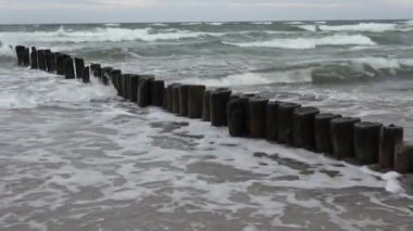 Eski harabe ahşap direkler Sahildeki iskele yığınları 