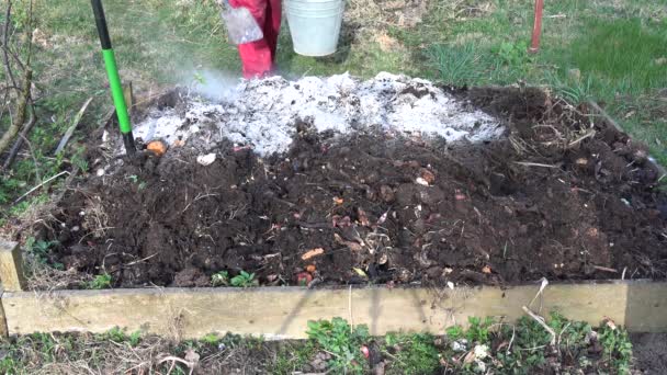 Jardinero Para Cavar Insertar Ceniza Madera Tierra Compost Montón — Vídeos de Stock