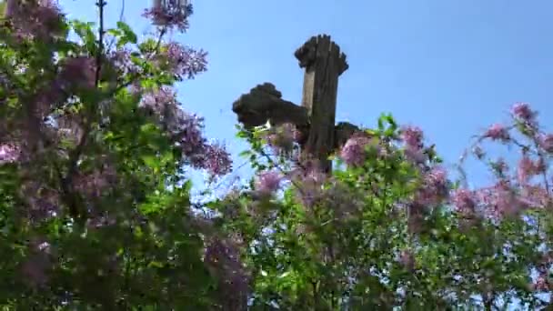 Antigua Cruz Histórica Madera Pueblo Viento Florecimiento Arbusto Lila — Vídeos de Stock