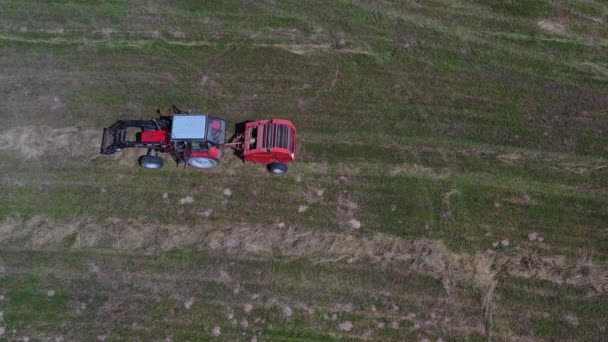 Traktor Használ Zárolt Bála Gép Összegyűjtésére Széna Réten Tekercsek Légi — Stock videók