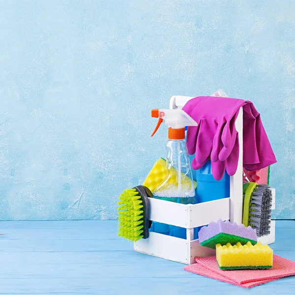 Cleaning Service Concept Colorful Cleaning Set Different Surfaces Kitchen Bathroom — Stock Photo, Image