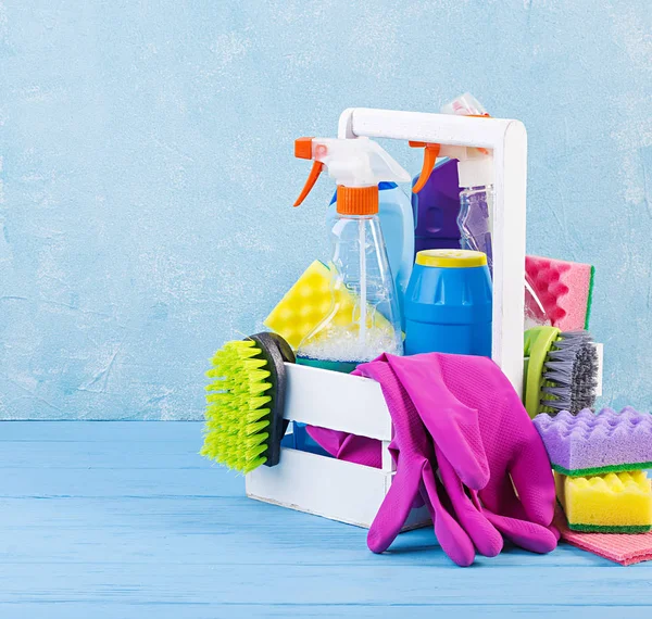 Cleaning Service Concept Colorful Cleaning Set Different Surfaces Kitchen Bathroom — Stock Photo, Image