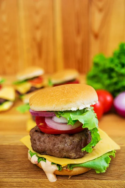 Delicious Handmade Burger Wooden Background — Stock Photo, Image