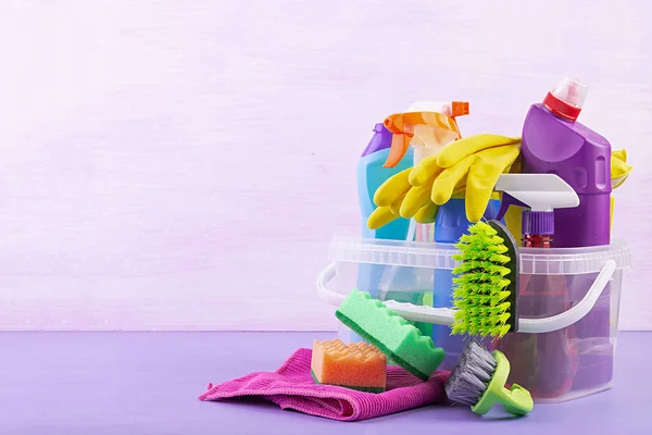 Cleaning Service Concept Colorful Cleaning Set Different Surfaces Kitchen Bathroom — Stock Photo, Image