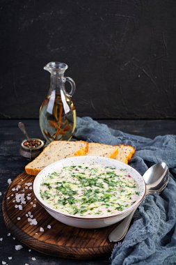 Rus geleneksel soğuk çorbası okroshka. Yoğurt ve sebzeli soğuk yaz çorbası..