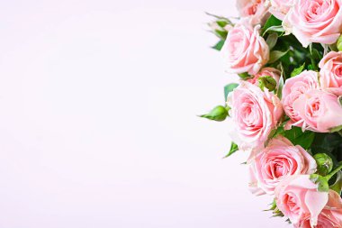 Bir sürü pembe gül buketi. Pembe güllerin arka planı