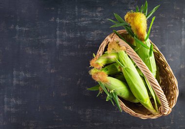 Tahta arka planda izole edilmiş taze sulu mısır. Tahıl ekinleri konsepti