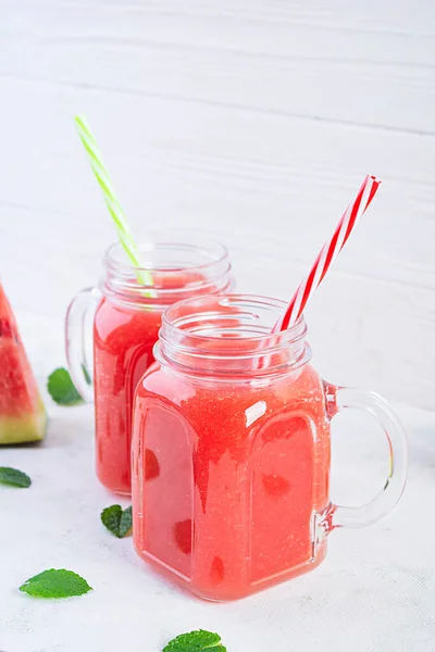Fresh Delicious Watermelon Smoothie Ice White Background — Stock Photo, Image