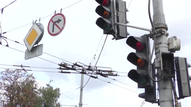 Trafikljus Och Spårvagnsbusskablar — Stockvideo