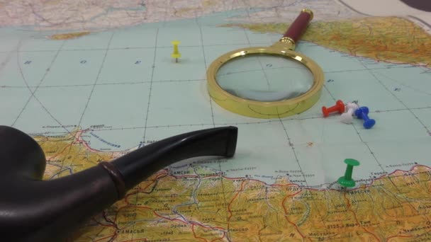 Pipe Map Magnifying Glass Remind Adventures — Stock Video