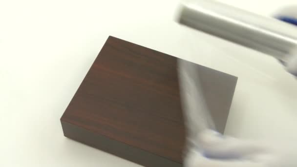 Worker Packs Wooden Box Stretch Film — Stock Video