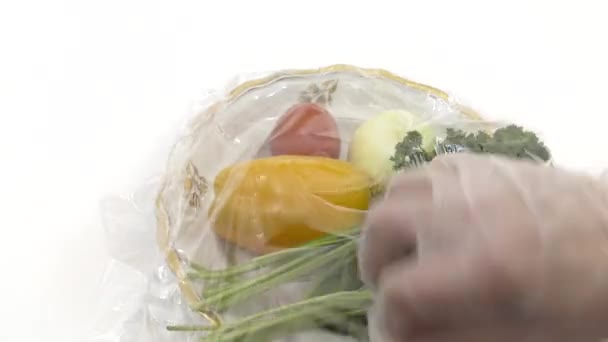 Worker Packs Vegetables Stretch Film — Stock Video