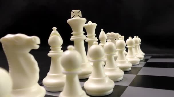 Ett Lag Svarta Och Vita Schackpjäser Schack Schackbräde Detta Ett — Stockvideo