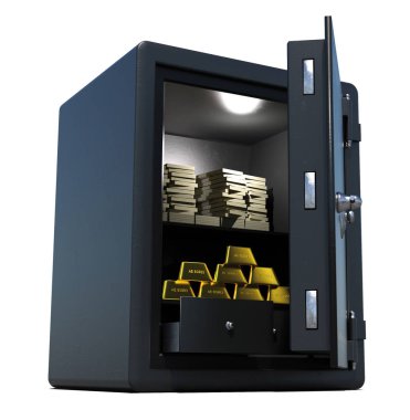 beyaz bir arka planda sikke ve altın çubuklar ile güvenli 3D render