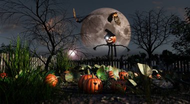 3D render, korkuluk ve yarasalar ile dolunay ile balkabakları Cadılar Bayramı alanı