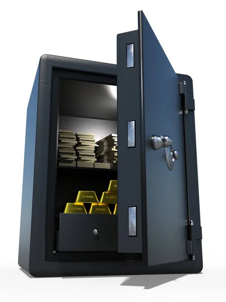 3d render of a safe with coins and gold bars on a white background