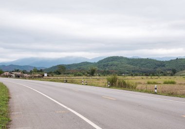 Paddy alanı alanı ve yüksek dağ bulut örtüsü, Kuzey Tayland sabahın erken saatlerinde ile kırsal yol.