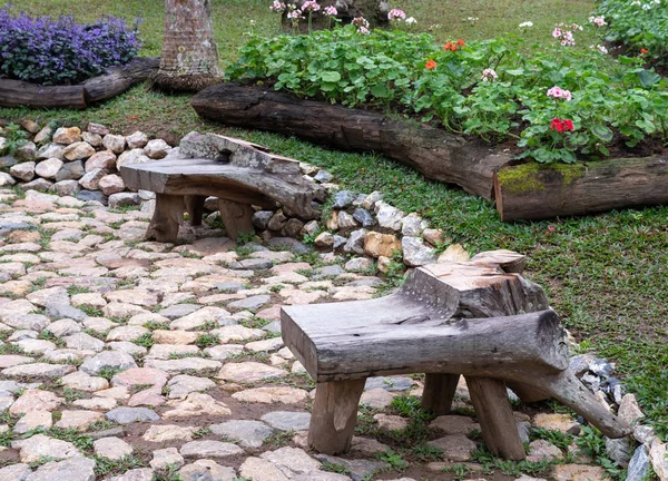 Old Wooden Chair Stone Pathway Which Flowerbed Public Park — Stock Photo, Image