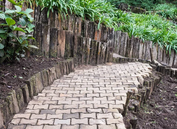 Pavimento de tijolo curvo ao longo do jardim de flores . — Fotografia de Stock