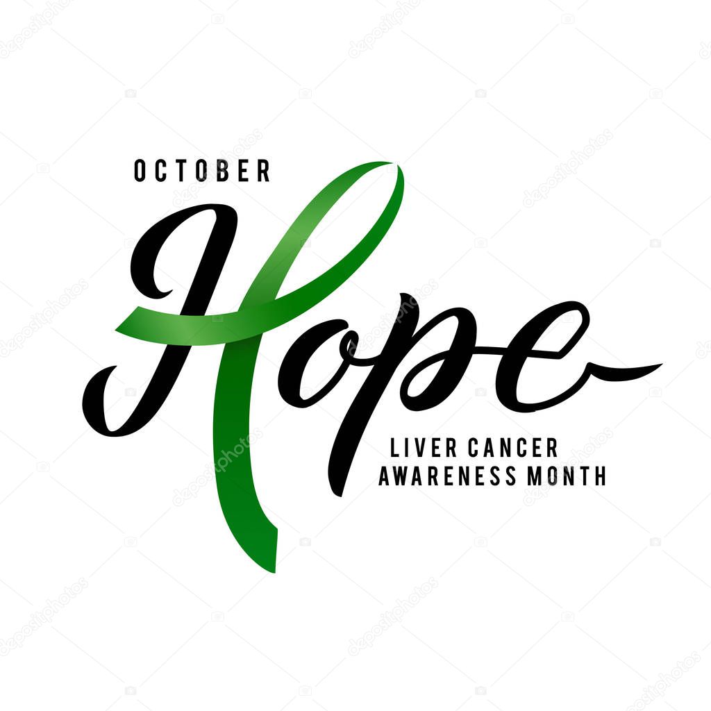 Vector Calligraphy Poster. Green White Awareness Ribbons of Liver Cancer Vector illustration.
