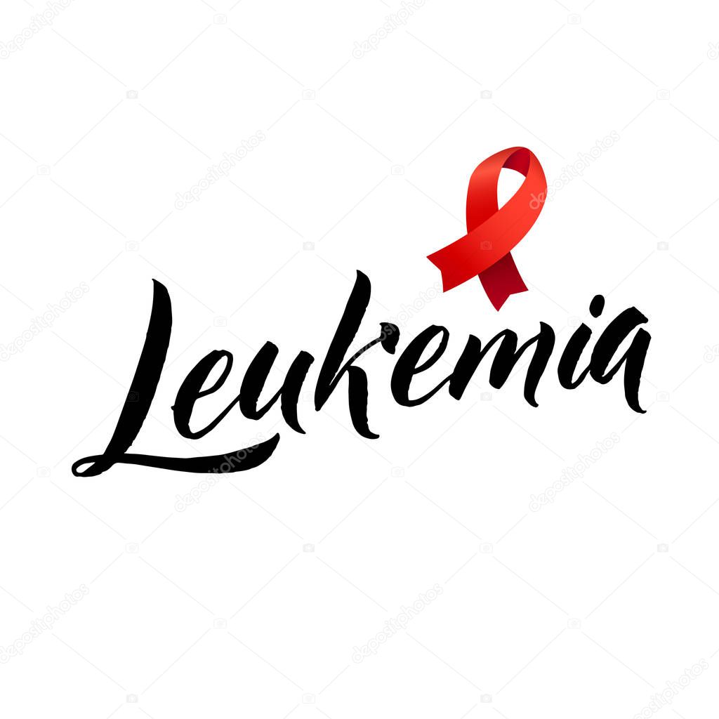 Leukemia Poster. Blood Cancer Awareness Label. Vector Tamplate with Red Ribbon - Symbol of Cancer Fight