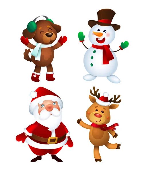 Merry Christmas. Santa Claus, Dod, Snowman and Reindeer. Happy Holiday Mascots Set — Stock Vector