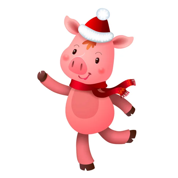 Cochon mignon et chapeau de Père Noël. Symbole de l'année dans le calendrier chinois dessin animé vectoriel illustration isolée. Année du porc jaune — Image vectorielle