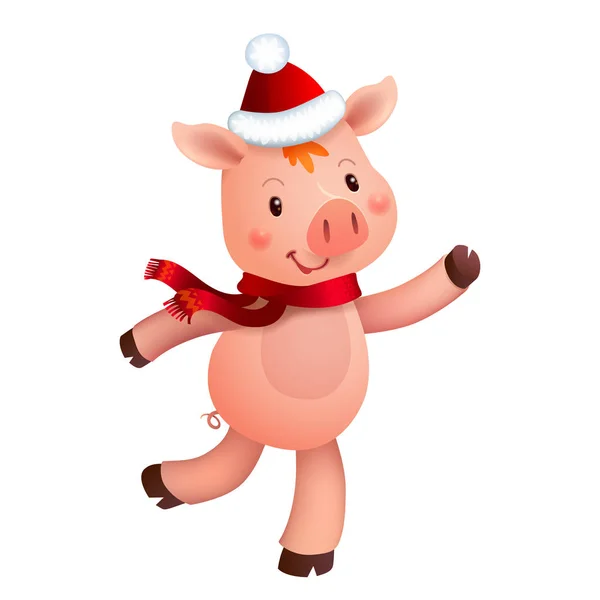 Ładny świnia i Santa hat. Symbol roku w chińskim kalendarzu. Wektor kreskówka na białym tle ilustracja. Rok świni żółty — Wektor stockowy