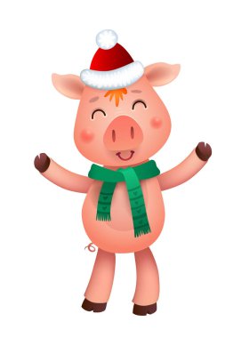 Sevimli domuz ve Noel Baba şapkası. Çince takvim yılında sembolü. Vektör izole illüstrasyon karikatür. Sarı domuz yılı.