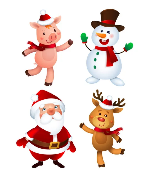 Frohe Weihnachten Weihnachtsmann Und Schwein Schneemann Und Rentier Fröhliche Urlaubsmaskottchen — Stockvektor
