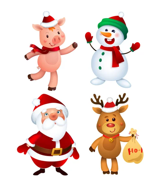 Merry Christmas Santa Claus Pig Snowman Reindeer Happy Holiday Mascots — Stock Vector