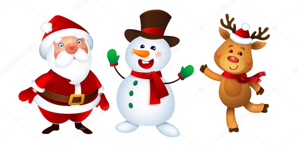 Merry Christmas. Santa Claus, Snowman and Reindeer. Happy Holiday Mascots Set.