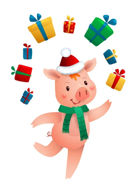 新年猪和礼物 在白色背景中分离的2019年中国符号的矢量插图 — 图库矢量图片
