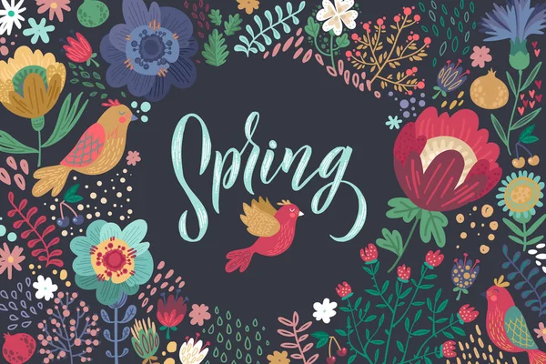 Primavera Diseño Letras Guion Moda Spring Sale Ilustración Vectorial Flores — Vector de stock