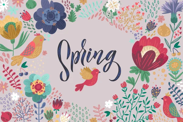 Frühling Trendige Schrift Schriftzug Design Frühjahrsverkauf Vektorillustration Blumen Und Vögel — Stockvektor