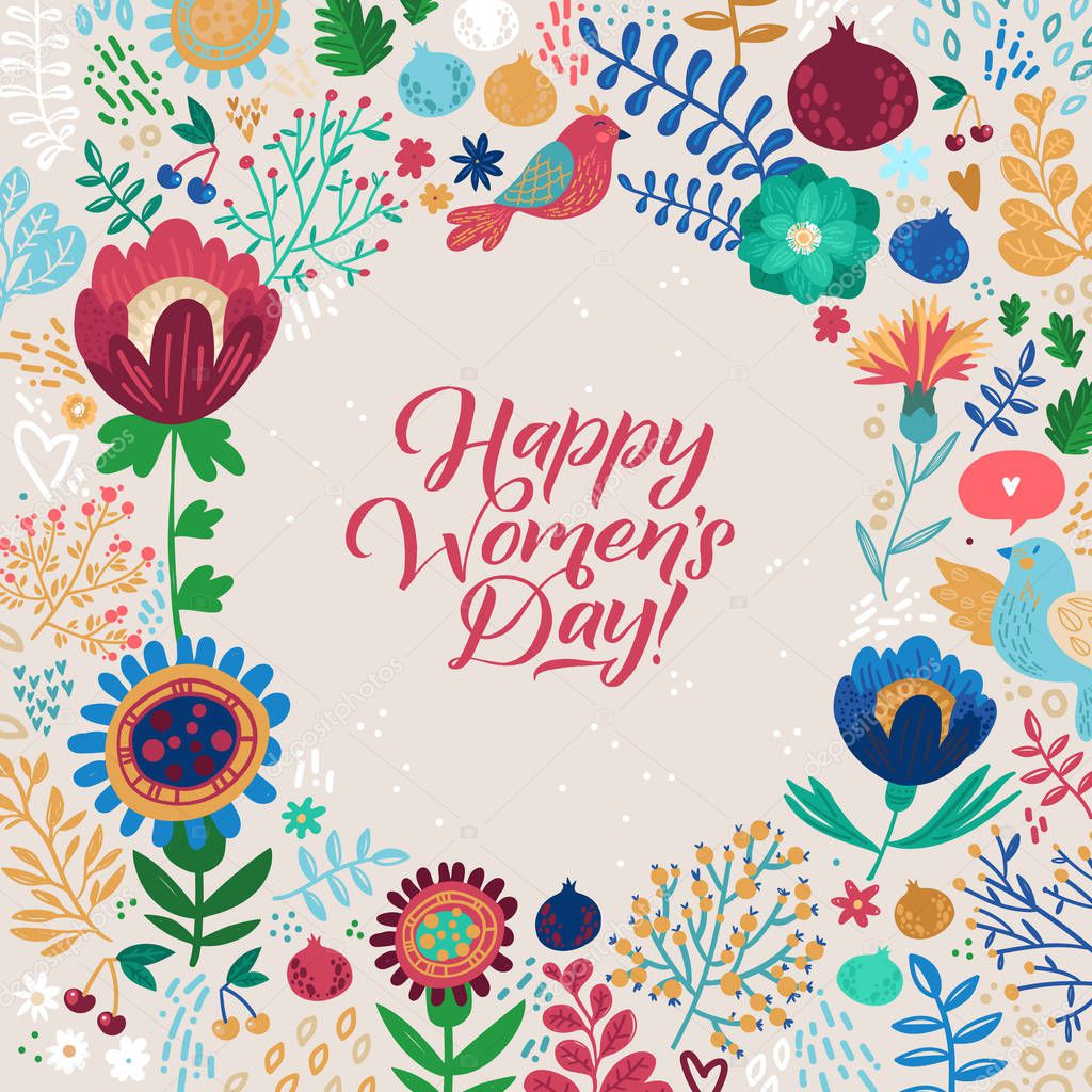 Happy Womans Day Calligraphy Design on Square Floral Background. Vector illustration. Womans Day Greeting Calligraphy Design in Bright Colors. Template for a poster, cards, banner. - Vector