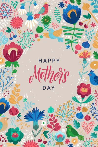 Happy Mothers Day Calligraphy Design on Floral Background (en inglés). Ilustración vectorial. Día de la Mujer Saludo Caligrafía Diseño en colores brillantes. Plantilla para un póster, tarjetas, banner Vector ilustración — Vector de stock