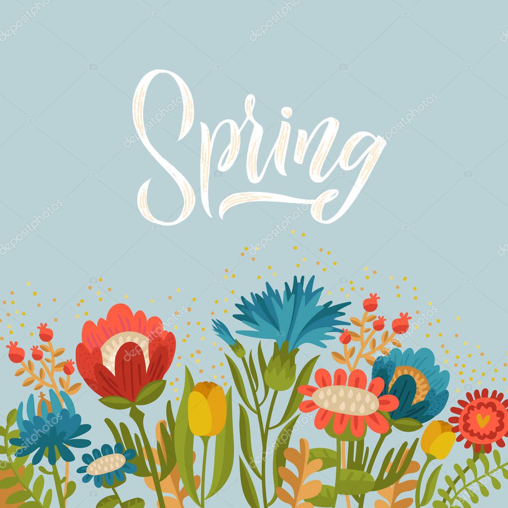 Spring. Vector floral illustration with flowers and leaves. Gentle, spring background.