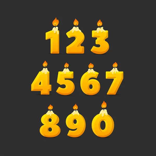 Σετ από πολύχρωμους αριθμούς κεριών γενεθλίων. Γουίκ και πυρ. Απεικόνιση διανυσματικών φορέων — Διανυσματικό Αρχείο