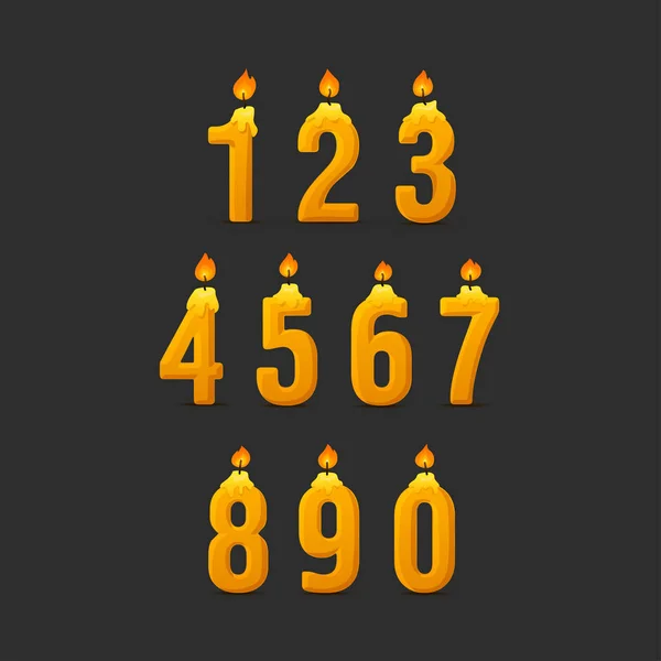Conjunto de números coloridos de velas de aniversário. Wick e fogo. Ilustração vetorial — Vetor de Stock