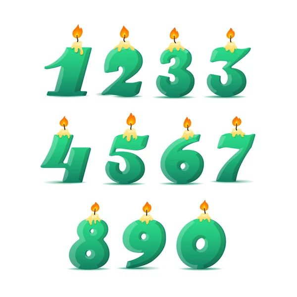Set von bunten Geburtstagskerzen Zahlen. Docht und Feuer. Vektorillustration — Stockvektor