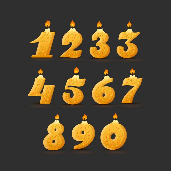 Σετ από πολύχρωμους αριθμούς κεριών γενεθλίων. με κομφετί. Γουίκ και πυρ. Διανυσματική απεικόνιση μαύρο φόντο — Διανυσματικό Αρχείο
