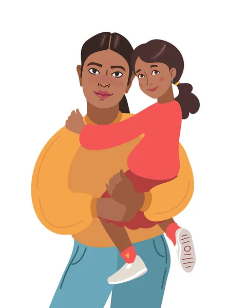 Retrato de família índio sorridente. Mãe feliz e filha pequena. Ilustração vetorial simples — Vetor de Stock